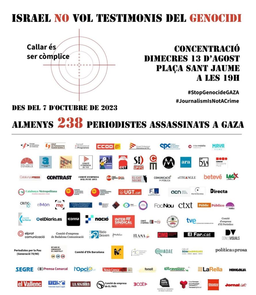 La Fundació Periodisme Plural s’adhereix a la concentració contra l’assassinat de periodistes a Gaza per l’exèrcit d’Israel