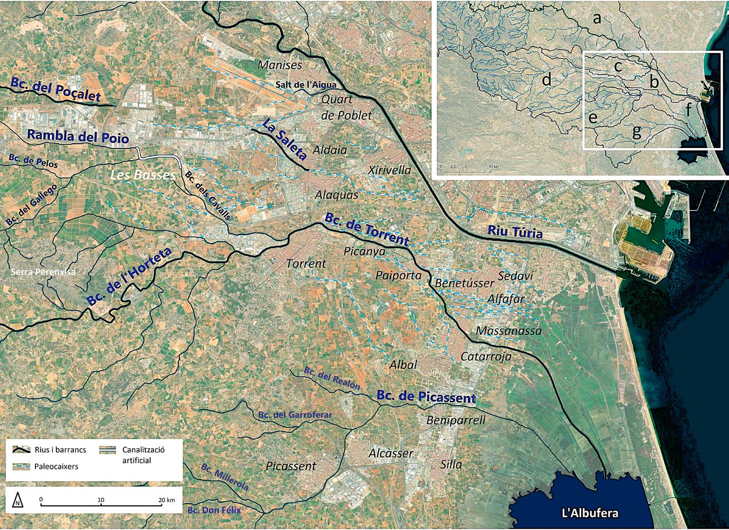 Barrancs de la conca de la rambla de Xiva-Poio-Torrent que van provocar les inundacions en les comarques de laFoia de Bunyol, el Camp de Túria i l’Horta Sud. Font: Confederació Hidrogràfica del Xúquer.