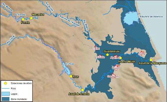 Estacions d’aforament als rius Magre i Xúquer i municipis de la Ribera Alta i Baixa més afectats per les inundacions. Font: Font: Confederació Hidrogràfica del Xúquer.