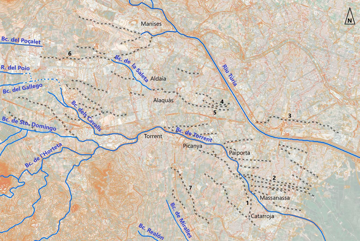 Paleocaixers activats en la riuada del 29 d’octubre de 2024. 1. Rambleta de Catarroja. 2. Paleocaixers d’Orba-Rabisanxo (Alfafar-Massanassa). 3. Rambleta de l’Horta de Favara. 4. Sequiol de Borrull. 5. Paleocaixer del Molí de la Campaneta. 6. Paleocaixer de la Canyada. 7. Paleocaixer del Ràfol. Font: Francesca Segura, Carles Sanchis i Pablo Giménez: “Per on corre l’aigua. El paper de la geomorfologia en les riuades de l’Horta Sud del 29 d’octubre de 2024”, Cuadernos de Geografía, 114-15. Universitat de València.