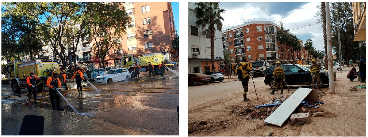 Trabajos de limpieza de calles en Aldaia (izquierda) y Catarroja (derecha). Fotos: FM.