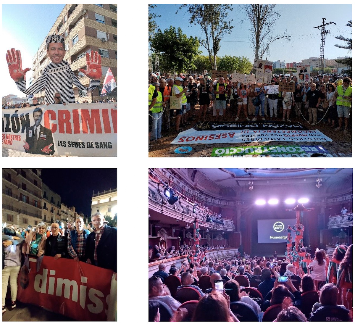 Manifestaciones contra Mazón en Catarroja (arriba) y Valencia (bajo). Abajo a la izquierda, acto de homenaje a las víctimas de la DANA en el Teatro Olimpia de Valencia el 25 de octubre de 2025. Fotos: FM.